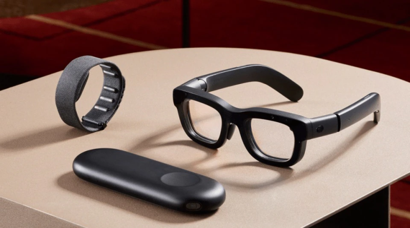 Modern smart glasses with a wrist strap and a sleek casing on a table.