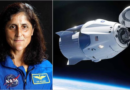 a woman in a blue space suit next to an image of a space station