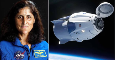 a woman in a blue space suit next to an image of a space station