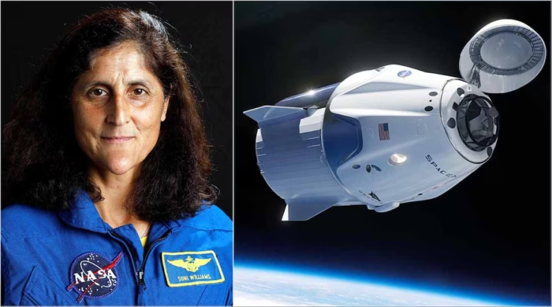 a woman in a blue space suit next to an image of a space station